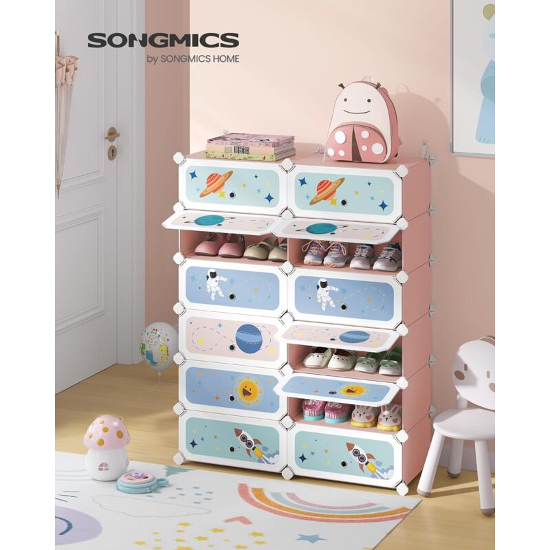 foto del prodotto songmics scarpiera a 12 scomparti per bambini, organizzatore modulare ad incastro in plastica per bambini, guardaroba con ante, 31 x 81 x 106 cm,