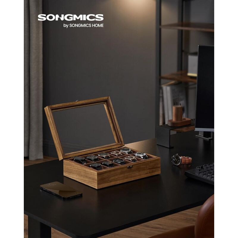 foto del prodotto songmics scatola per orologi, scatola porta orologi a 10 scomparti, portaorologi in legno con coperchio in vetro e cuscinetti rimovibili, idea
