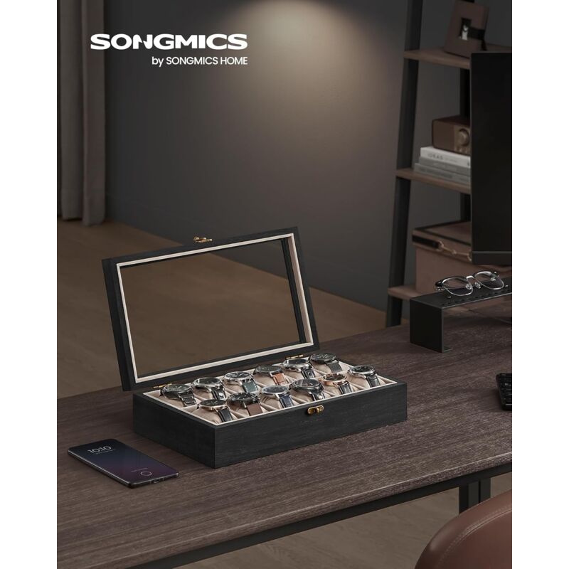 foto del prodotto songmics scatola per orologi, scatola porta orologi a 12 scomparti, portaorologi in legno con coperchio in vetro e cuscinetti rimovibili, idea