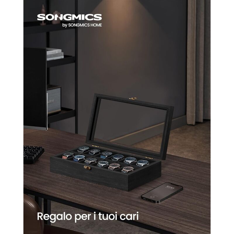 foto del prodotto songmics scatola per orologi, scatola porta orologi a 12 scomparti, portaorologi in legno con coperchio in vetro e cuscinetti rimovibili, idea