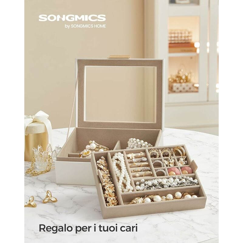 foto del prodotto songmics scatola portagioie, 2 livelli, coperchio in vetro, vassoio rimovibile, porta gioielli, moderno, idea regalo, bianco nuvola e oro metallico