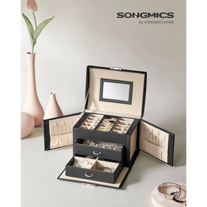 foto del prodotto songmics scatola portagioie, 3 livelli, porta gioielli con maniglie, 2 cassetti, specchio e chiusura, portagioie da viaggio, moderno, idea regalo,