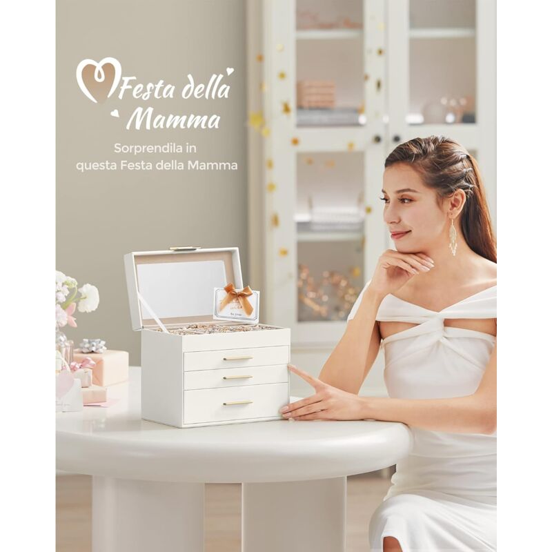 foto del prodotto songmics scatola portagioie, 4 livelli, coperchio in vetro, 3 cassetti, porta gioielli, occhiali da sole e accessori grandi, moderno, bianco nuvola