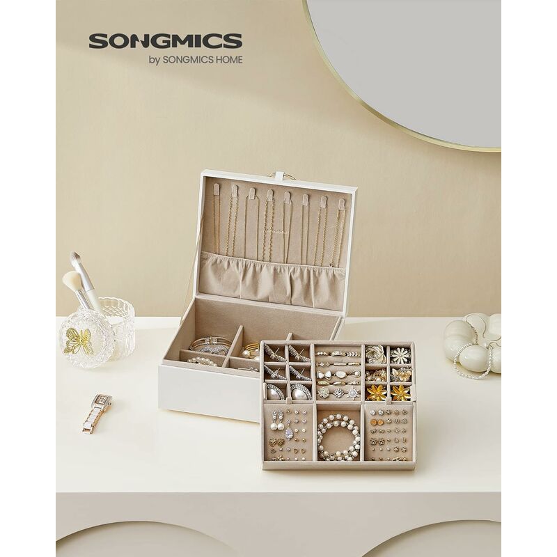 foto del prodotto songmics scatola portagioie a 2 livelli, porta gioielli con maniglia, vassoio rimovibile, effetto fluttuante, 20,5 x 24 x 11 cm, idea regalo, bianco