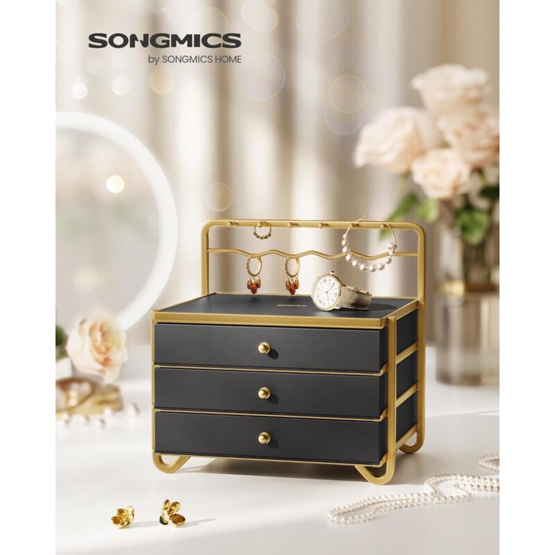 foto del prodotto songmics scatola portagioie a 3 cassetti, porta gioielli con piano aperto, appendi gioielli, per toelette, struttura in metallo, 20,5 x 22,7 x 23,5