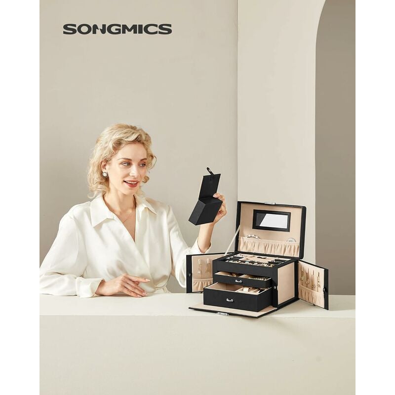 foto del prodotto songmics scatola portagioie a 3 livelli, porta gioielli con 2 cassetti, con mini box portatile da viaggio, maniglia, chiudibile a chiave, cofanetto