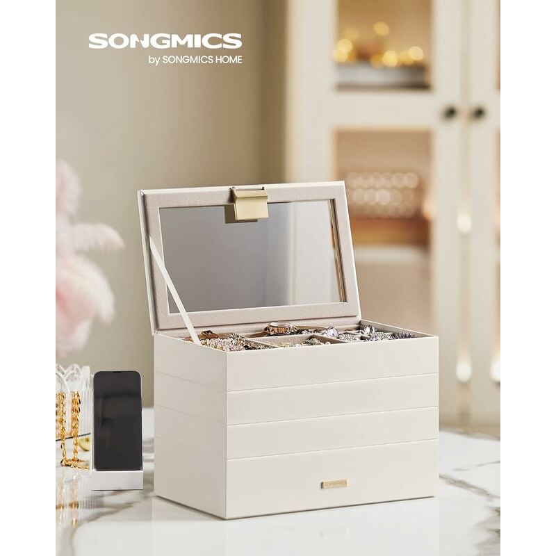 foto del prodotto songmics scatola portagioie con 4 vassoi impilabili, porta gioielli capiente, coperchio in vetro chiaro, 17 x 28 x 18,3 cm, per cassetto toeletta,