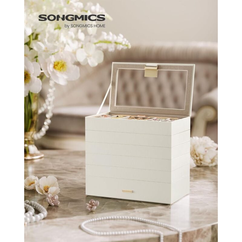 foto del prodotto songmics scatola portagioie con 6 vassoi impilabili, porta gioielli capiente, coperchio in vetro chiaro, 17 x 28 x 25,3 cm, per cassetto toeletta,