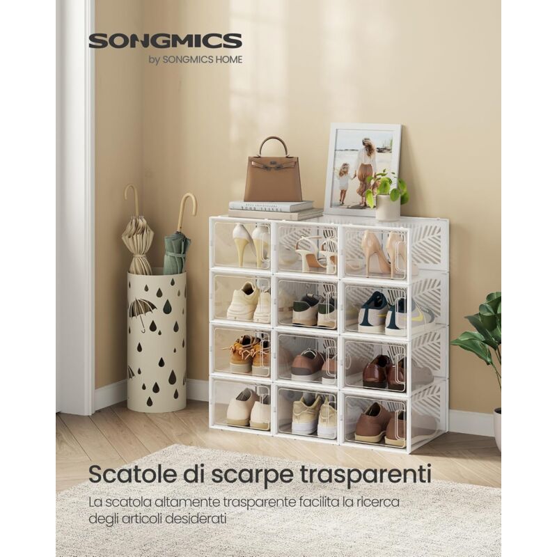 foto del prodotto songmics scatole di scarpe traspiranti, 12 contenitori per scarpe, robusto, organizzatori pieghevoli, taglia 46, impilabili, per collezione di