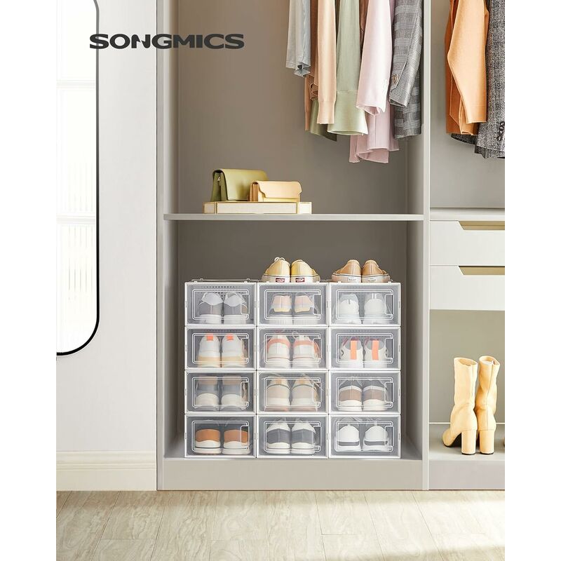 foto del prodotto songmics scatole per scarpe, pacco da 12 contenitori per scarpe, organizzatori porta scarpe pieghevoli e impilabili, fino a taglia 44, trasparente
