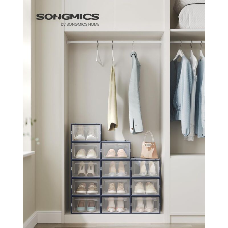 foto del prodotto songmics scatole per scarpe, pacco da 12 contenitori per scarpe, organizzatori porta scarpe pieghevoli e impilabili, fino a taglia 44, trasparente