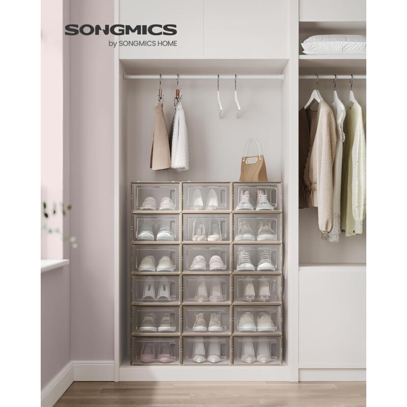 foto del prodotto songmics scatole per scarpe, pacco da 18 contenitori per scarpe, organizzatori porta scarpe pieghevoli e impilabili, fino a taglia 44, trasparente