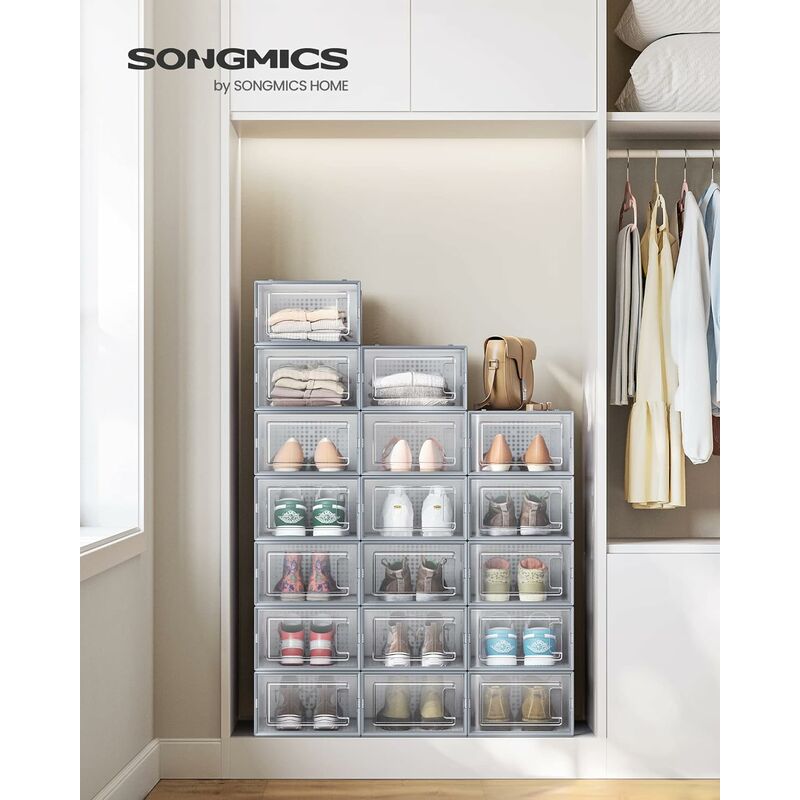 foto del prodotto songmics scatole per scarpe, pacco da 18 contenitori per scarpe, organizzatori porta scarpe pieghevoli e impilabili, fino a taglia 44, trasparente