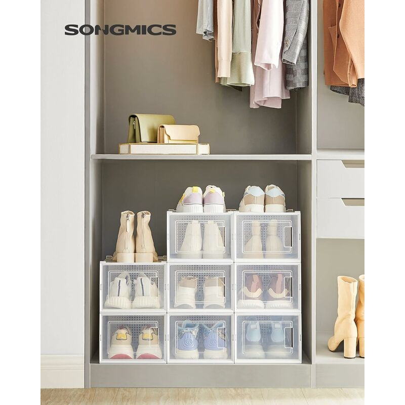 foto del prodotto songmics scatole per scarpe, pacco da 8 contenitori per scarpe, organizzatori porta scarpe pieghevoli e impilabili, fino a taglia 46, trasparente e