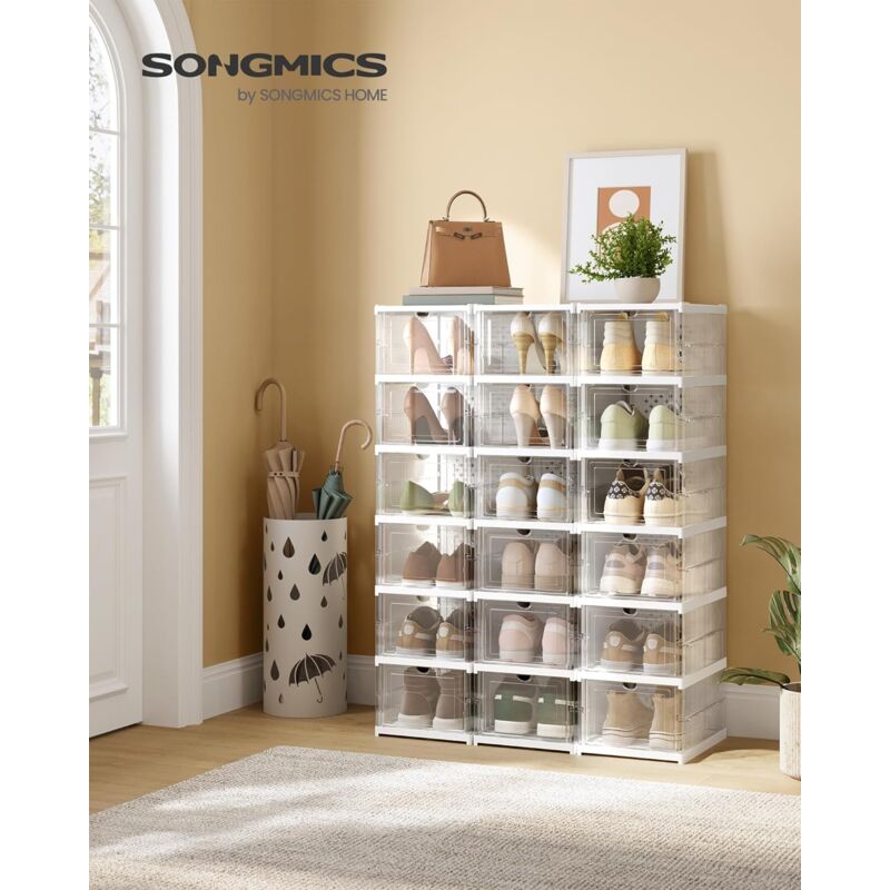 foto del prodotto songmics scatole per scarpe, set di 18 organizzatori porta scarpe impilabili, 3 scarpiere pieghevoli e componibili, per fino alla taglia 46,