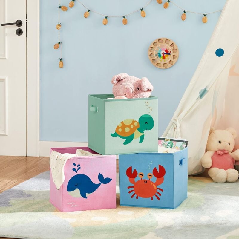 foto del prodotto songmics scatole portaoggetti per bambini, set di 3 contenitori per giochi pieghevoli con maniglie, cameretta e stanza dei giochi, tema marino, 30