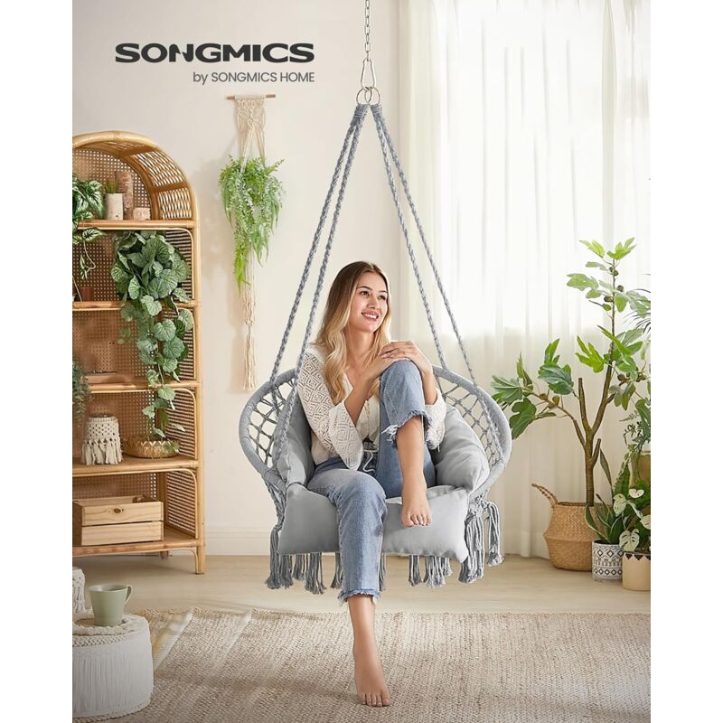 foto del prodotto songmics sedia altalena, sedia amaca, cuscino ben imbottito, sedia sospesa boho, camera da letto balcone giardino soggiorno, regge 120 kg, accessori