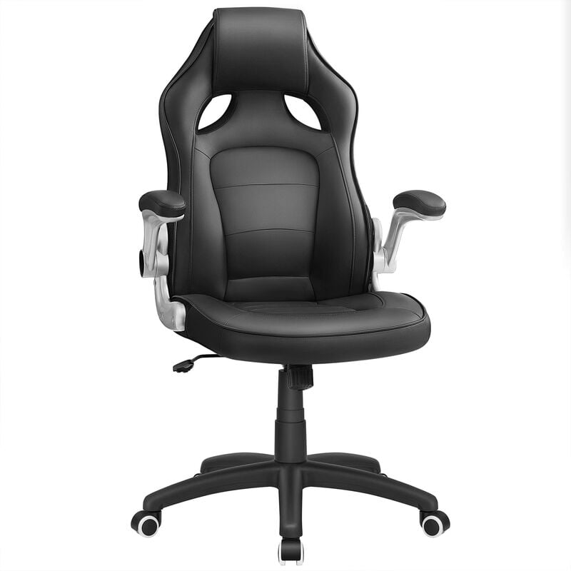 foto del prodotto songmics - sedia da ufficio a forma sportiva, poltrona girevole, con braccioli ribaltabili, schienale alto, di altezza regolabile, inclinamento ad ondeggiamento, design ergonomica, nero obg62b