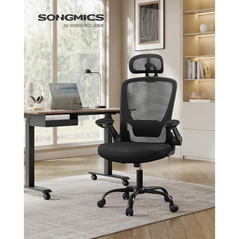 foto del prodotto songmics sedia da ufficio, sedia girevole, sedia di rete, sedia da computer ergonomica, supporto lombare, oscillante, seduta 53 cm, braccioli