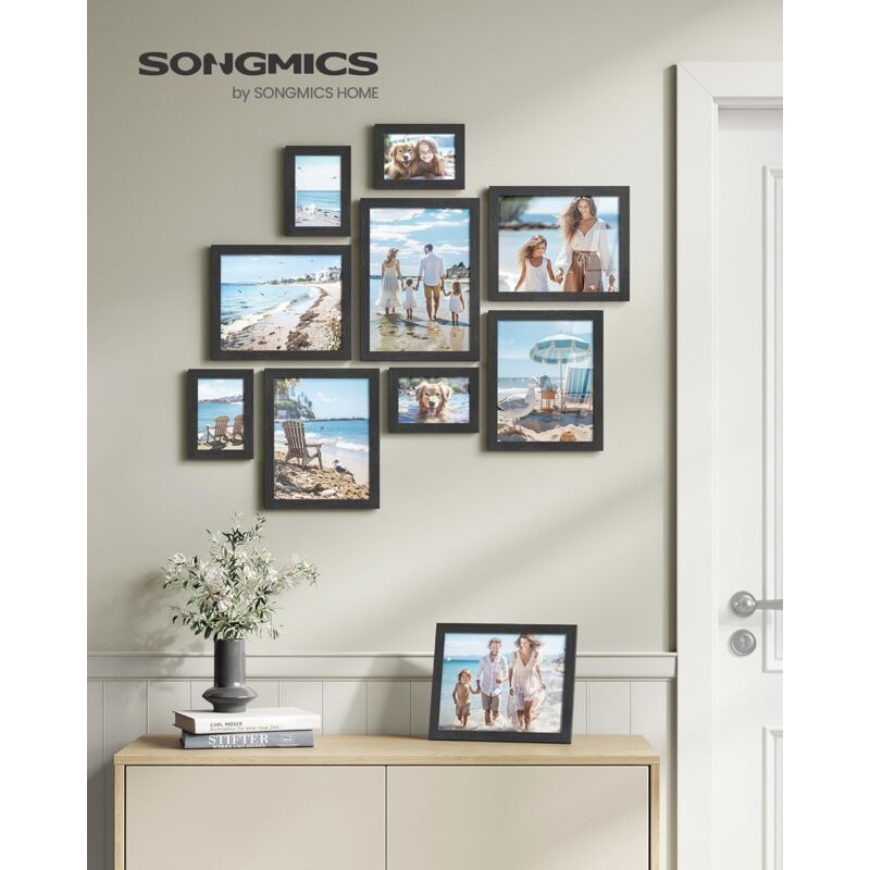 foto del prodotto songmics set di 10 cornici per foto, due a4, quattro 20 x 25 cm 8 x 10 pollici , quattro 10 x 15 cm 4 x 6 pollici , ps e mdf, nero inchiostro