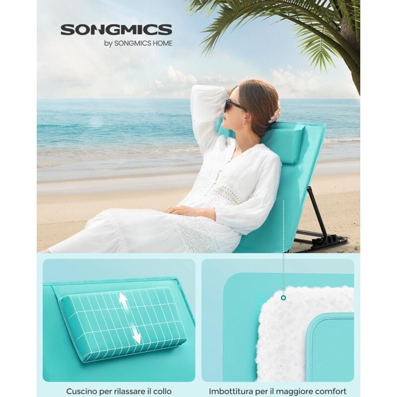 foto del prodotto songmics set di 2 lettini da spiaggia, sedie a sdraio, lettini prendisole, cuscino, schienale inclinabile, portatile con manico, per campeggio