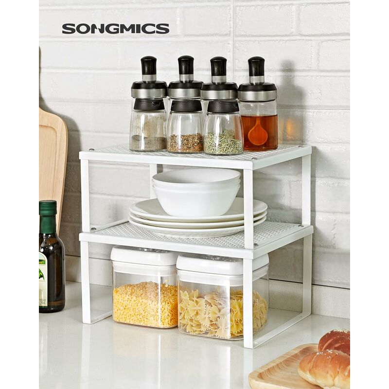 foto del prodotto songmics set di 2 organizzatori da cucina, portaoggetti per armadietto, impilabile, espandibile, scaffali da cucina in metallo, bianco