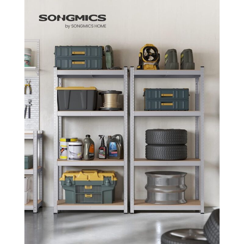 foto del prodotto songmics set di 2 scaffalature a 4 ripiani, scaffale in acciaio, montaggio rapido, utensili, strumenti in garage, magazzino, ripostiglio, portante