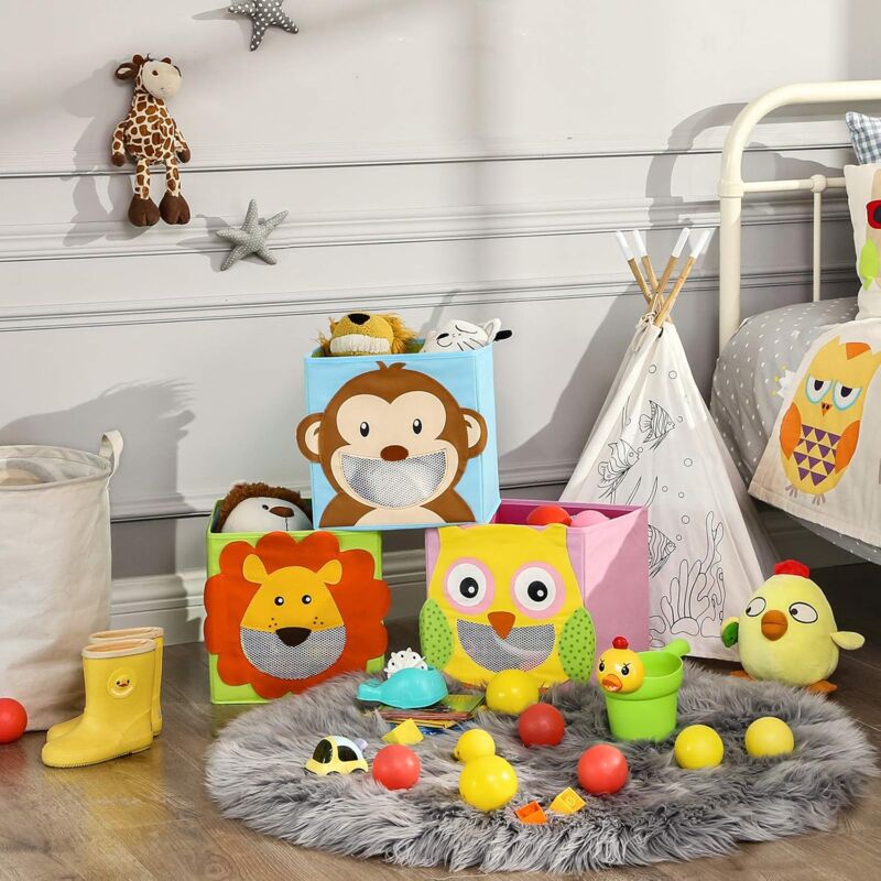 foto del prodotto songmics set di 3 scatole portaoggetti, scatole per giocattoli, portagiochi a cubi pieghevoli, per soggiorno, camera di bambini, giochi, 27 x 27 x