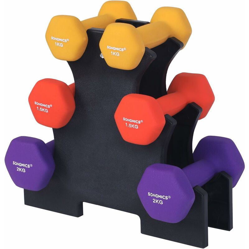 foto del prodotto songmics set di manubri con supporto, 2 x 1 kg, 2 x 1,5 kg, 2 x 2 kg, giallo, arancione e viola, finitura opaca in neoprene, peso per fitness
