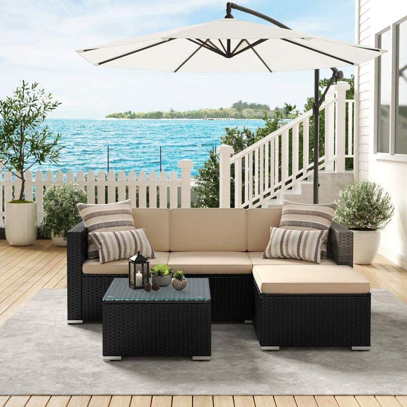 foto del prodotto songmics set di mobili da giardino in rattan pe, mobili da esterno, divano ad angolo per esterni, in rattan intrecciato a mano, per patio, con