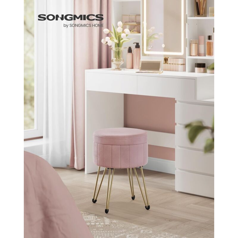 foto del prodotto songmics sgabello pouf contenitore, cassapanca rotonda, sgabello toeletta in velluto, 39 x 44,4 cm diam. x a , 4 gambe in metallo, soggiorno