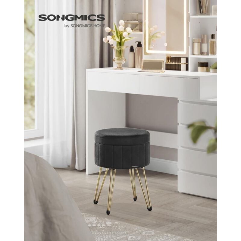 foto del prodotto songmics sgabello pouf contenitore, cassapanca rotonda, sgabello toeletta in velluto, 39 x 44,4 cm diam. x a , 4 gambe in metallo, soggiorno