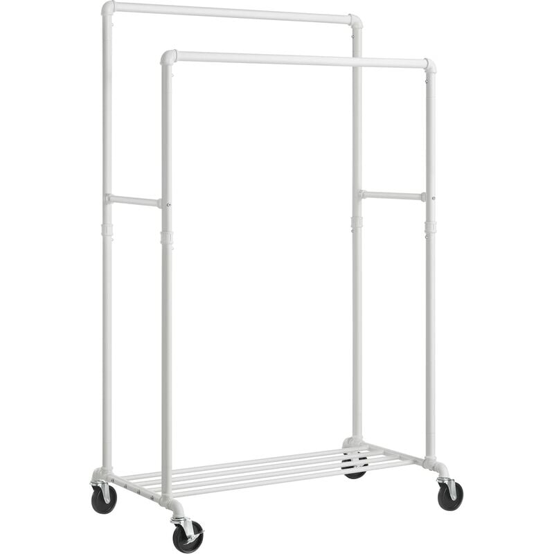foto del prodotto songmics stand appendiabiti a doppia barra, struttura in metallo, portabiti largo 100 cm, con ripiano portaoggetti e rotelle, 2 ruote con freni,