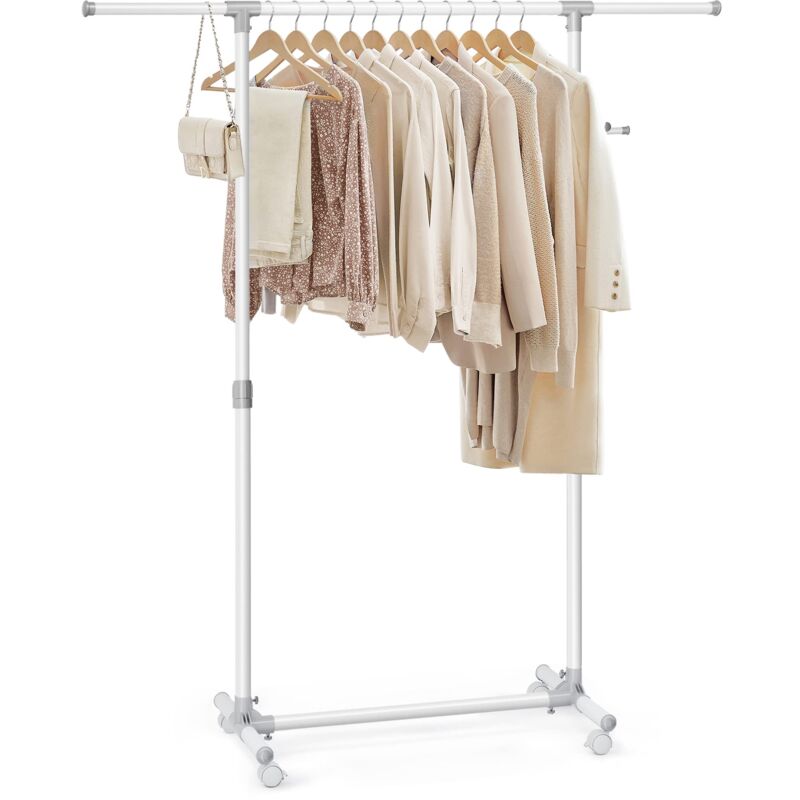 foto del prodotto songmics stand appendiabiti con ruote, attaccapanni, altezza regolabile 97 165 cm, barra estensibile, ganci laterali per accessori, bianco llr001w01