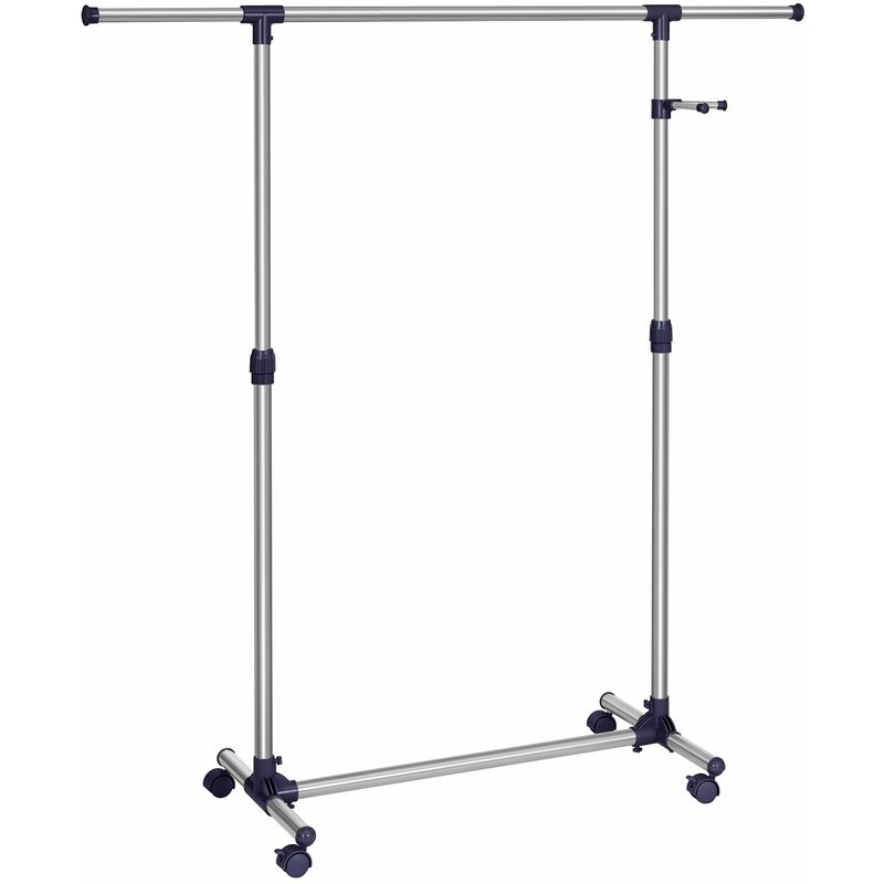 foto del prodotto songmics stand appendiabiti con ruote, attaccapanni, altezza regolabile 97 165 cm, barra estensibile, ganci laterali per accessori, color argento e