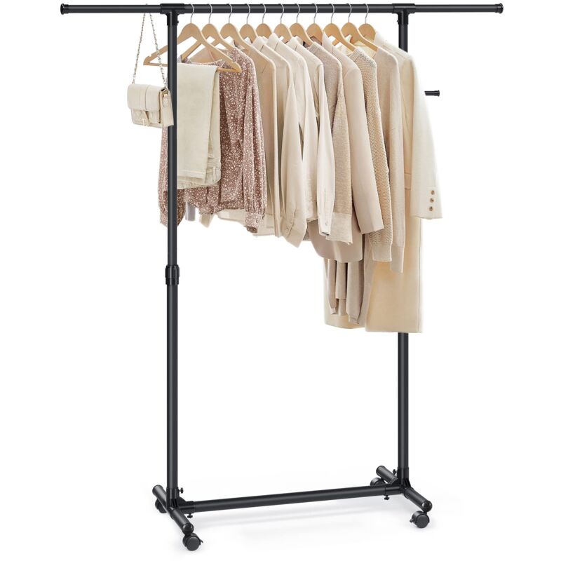 foto del prodotto songmics stand appendiabiti con ruote, attaccapanni, altezza regolabile 97 165 cm, barra estensibile, ganci laterali per accessori, nero llr001b01
