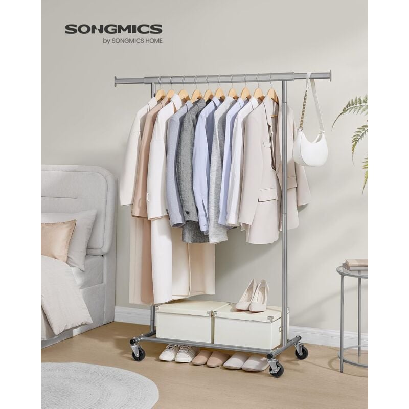foto del prodotto songmics stand appendiabiti con ruote, attaccapanni estensibile per carichi pesanti, portata totale 100 kg, facile da montare e spostare, grigio
