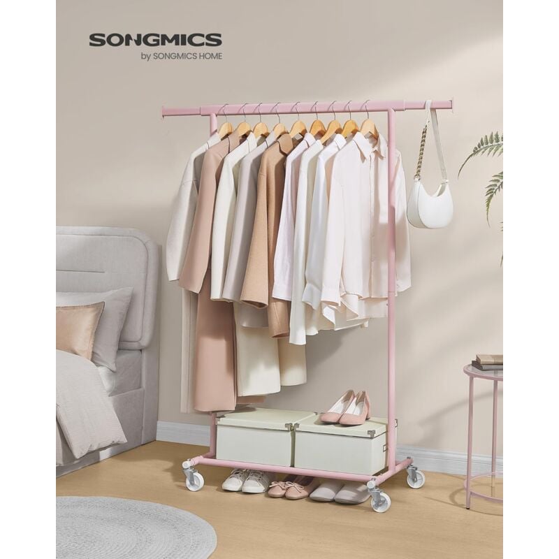 foto del prodotto songmics stand appendiabiti con ruote, attaccapanni estensibile per carichi pesanti, portata totale 100 kg, facile da montare e spostare, rosa