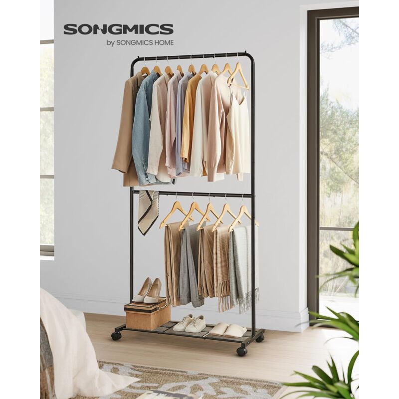 foto del prodotto songmics stand appendiabiti doppio, struttura in metallo, portabiti largo 91 cm, con ripiano portaoggetti e rotelle, 2 ruote con freni, portata di