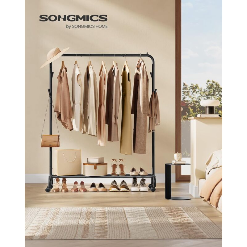 foto del prodotto songmics stand appendiabiti singolo, attaccapanni con ruote, struttura in acciaio, portata fino a 50 kg, larghezza di 103,5 cm, multifunzione, nero