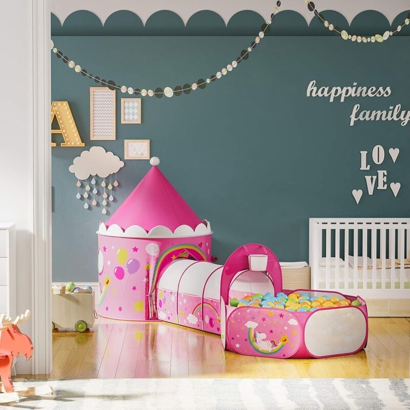 foto del prodotto songmics tenda da gioco 3 in 1, tenda pop up per bambini, con casetta tunnel e piscina di palline, a tema unicorno, idea regalo per compleanno, rosa