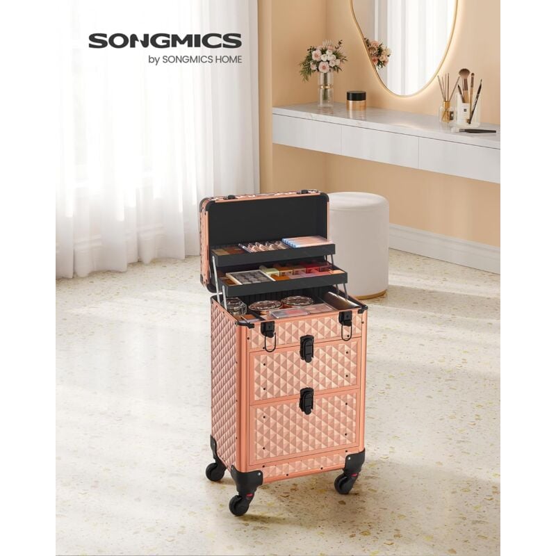 foto del prodotto songmics valigetta trucchi, valigia porta trucchi, trolley make up, 2 cassetti, 34 x 24 x 56 cm, ruote girevoli a 360 , beauty case da viaggio, per
