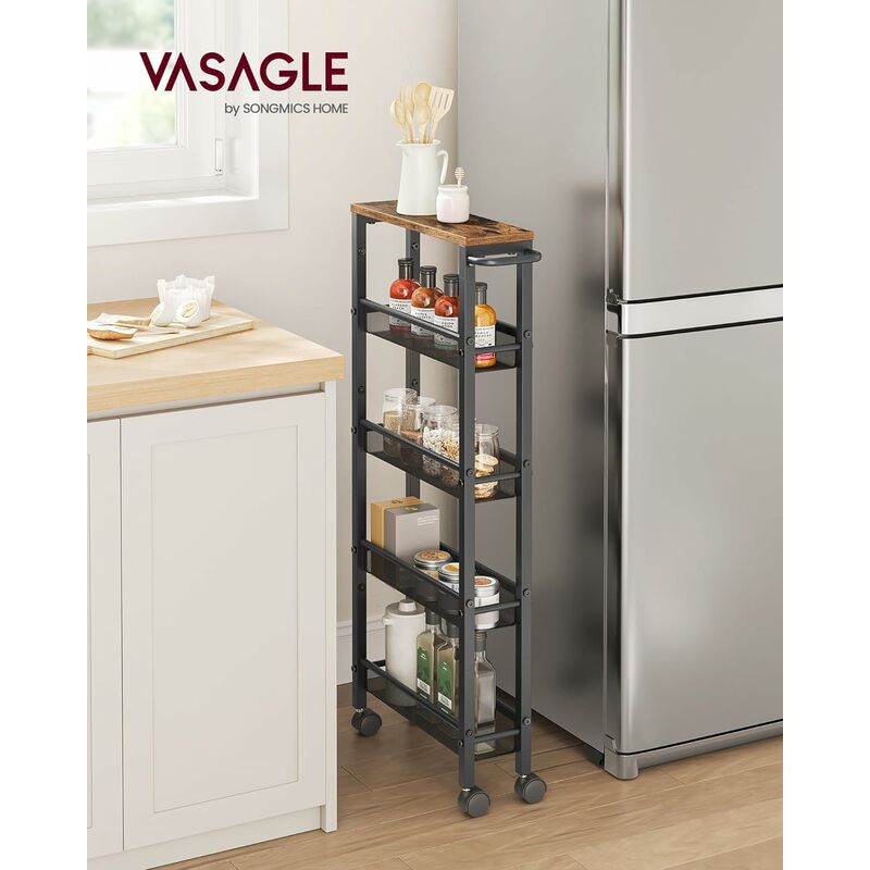 foto del prodotto songmics vasagle carrello a 5 ripiani, carrello cucina salvaspazio con ruote, struttura in acciaio, maniglia, carrellino piccoli spazi, bagno