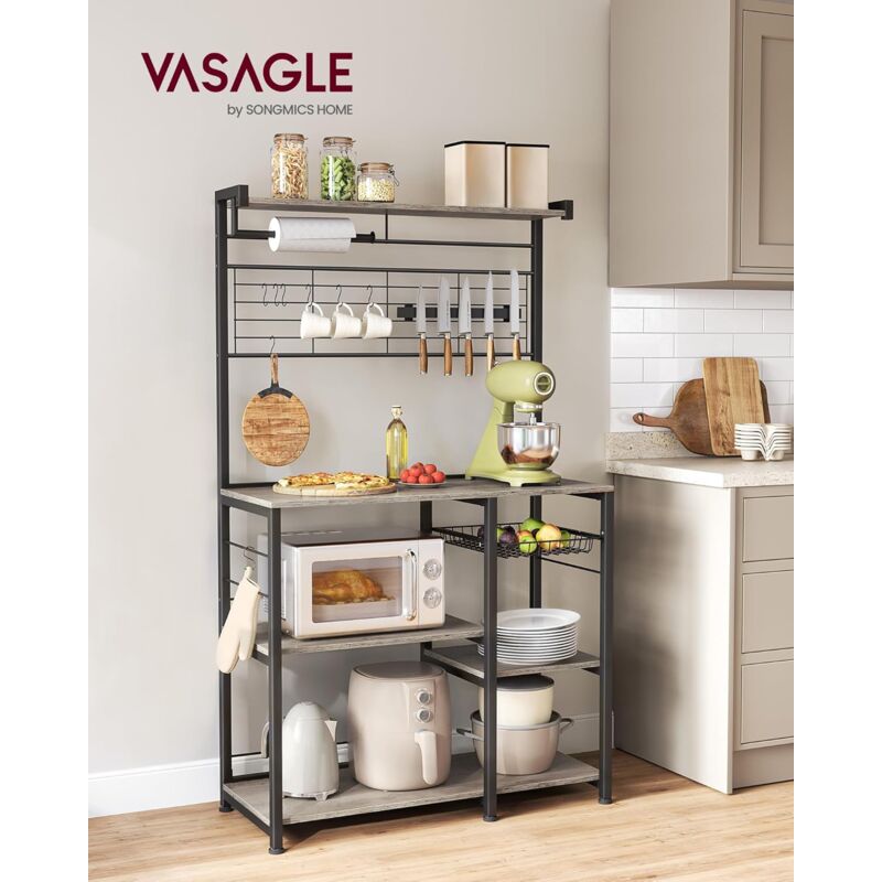 foto del prodotto songmics vasagle scaffale cucina, scaffale per microonde, mobile cucina con portacoltelli magnetico, cestino, portarotolo, 12 ganci, greige e nero
