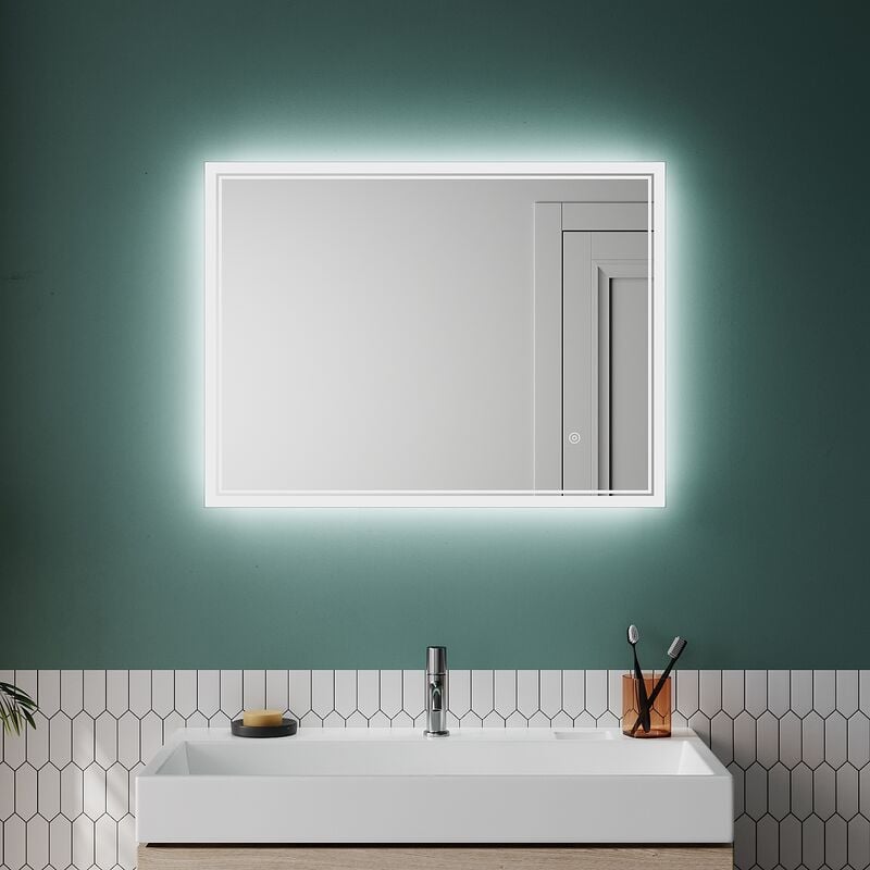 foto del prodotto sonni specchio da bagno antiappannamento interruttore touch con funzione di memoria specchio da bagno a risparmio energetico ip44 80x60cm