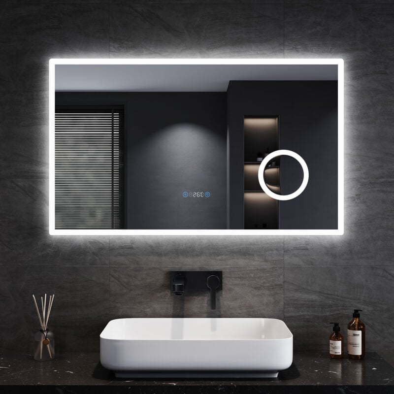 foto del prodotto sonni specchio da bagno led con ingrandimento 3x e illuminazione specchio con orologio digitale specchio da bagno antiappannamento 100x60cm