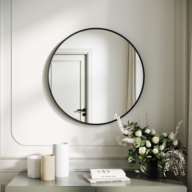 foto del prodotto sonni specchio da bagno rotondo con cornice in alluminio nero dal design specchio rotondo luminoso e semplice 60x60cm