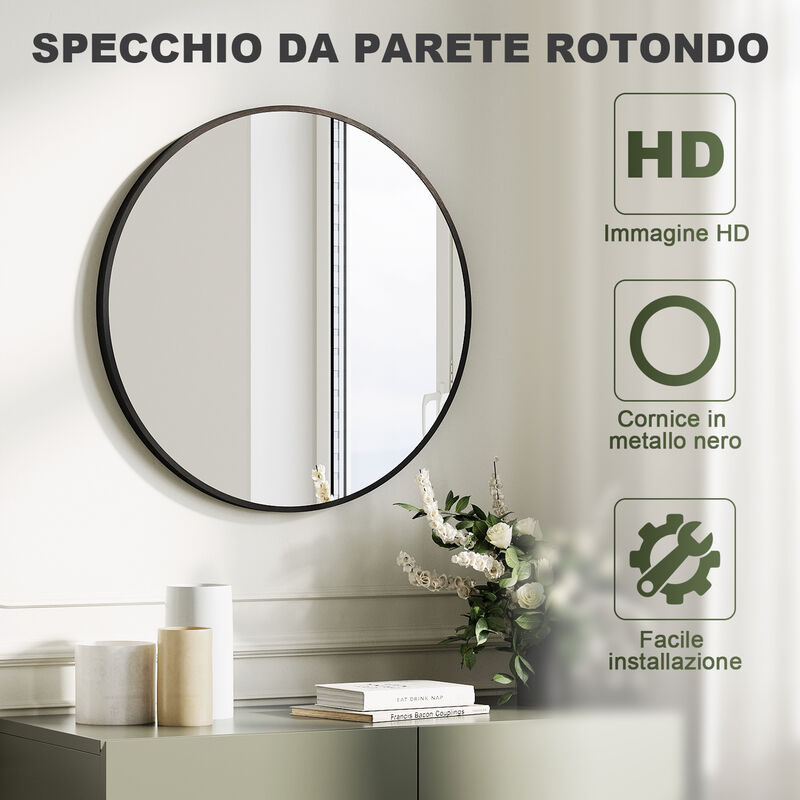 foto del prodotto sonni specchio da bagno rotondo con struttura in alluminio nero dal design semplice e luminoso specchio rotondo 60x60cm