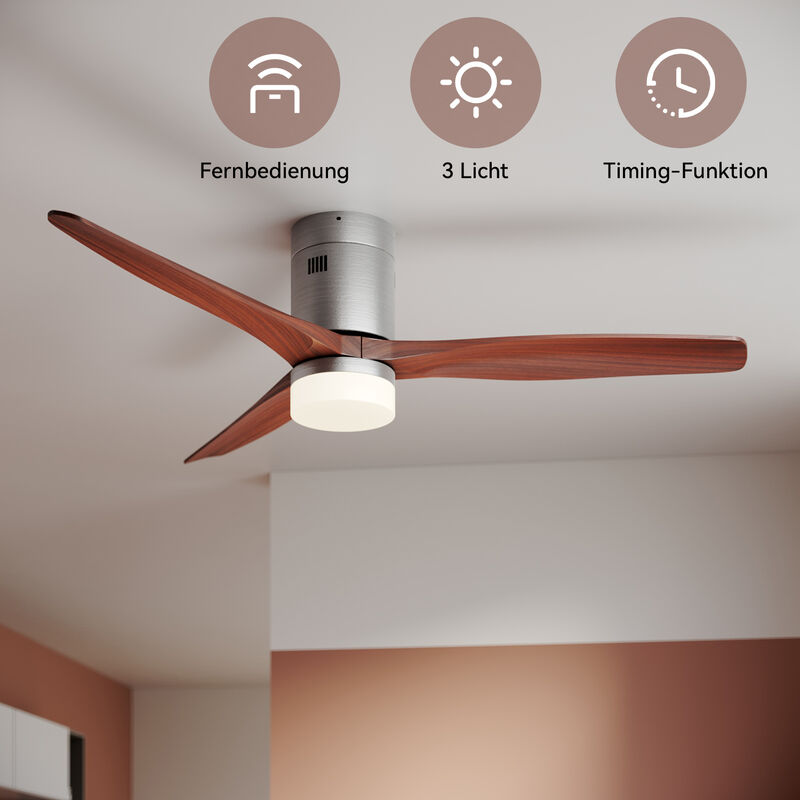 foto del prodotto sonni ventilatore da soffitto 52 con illuminazione e telecomando 3 luci led regolabili legno nichel spazzolato, colore mogano