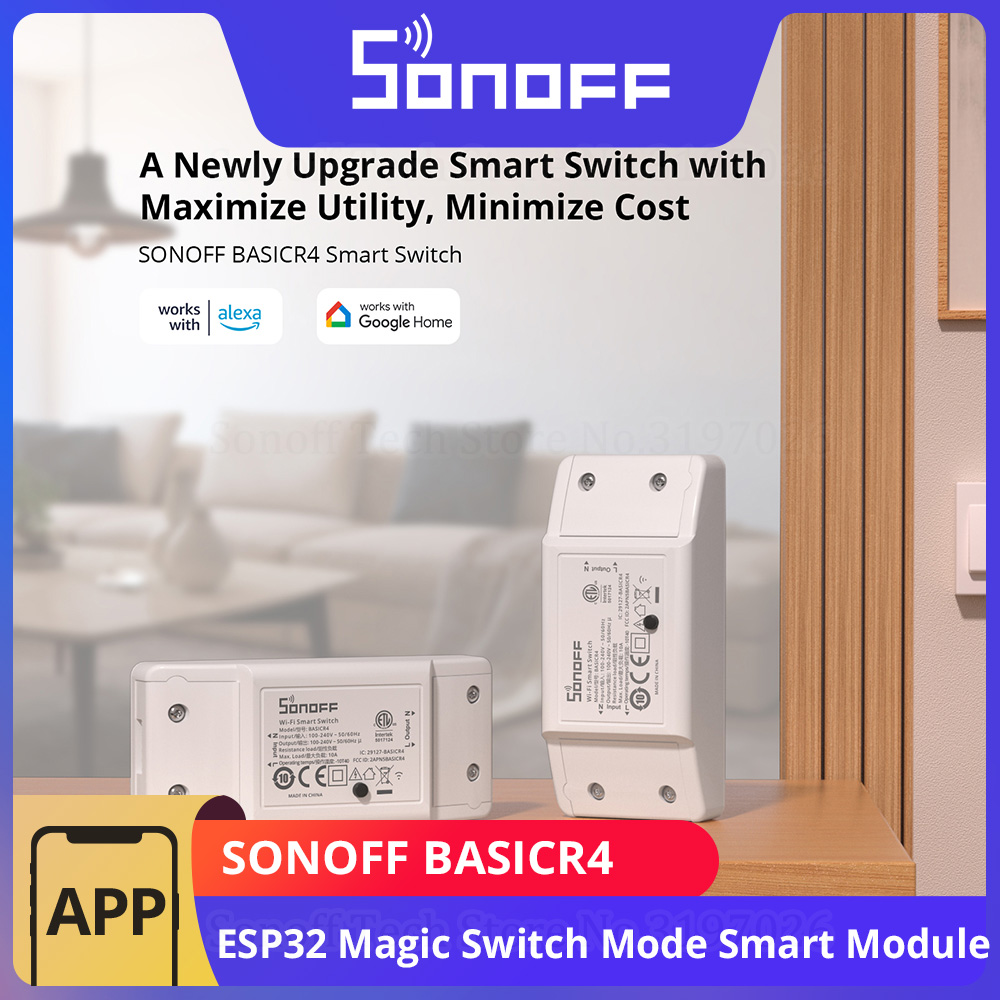 foto del prodotto sonoff basicr4 wi-fi smart switch chip esp32 affidabile sicuro modalità magic switch telecomando ewelink con s-mate2 alexa google